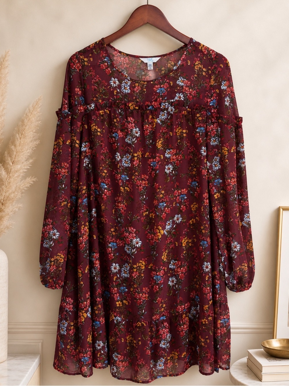 Time and Tru Floral Blouse Large Boho Burgundy Sheer Flowy Dress